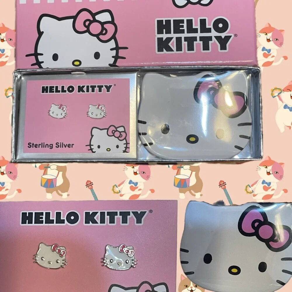 Hello Kitty Sterling Silver White Enamel Earrings & Kitty Ceramic Display Tray